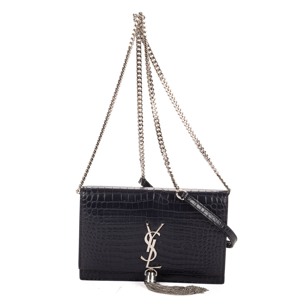 Shoulder Bag Tassel Kate Navy Crocodile Embossed Leather