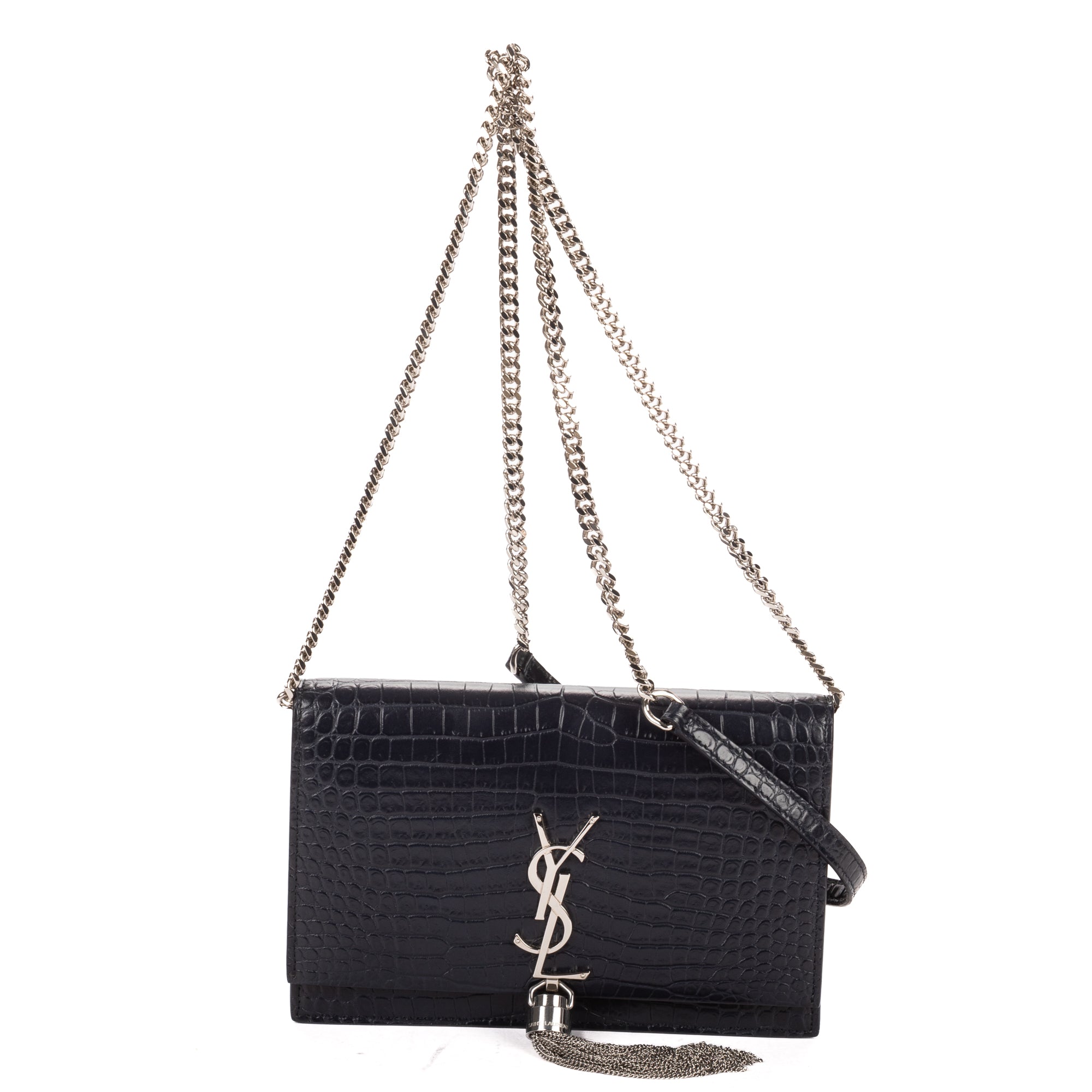 Shoulder Bag Tassel Kate Navy Crocodile Embossed Leather