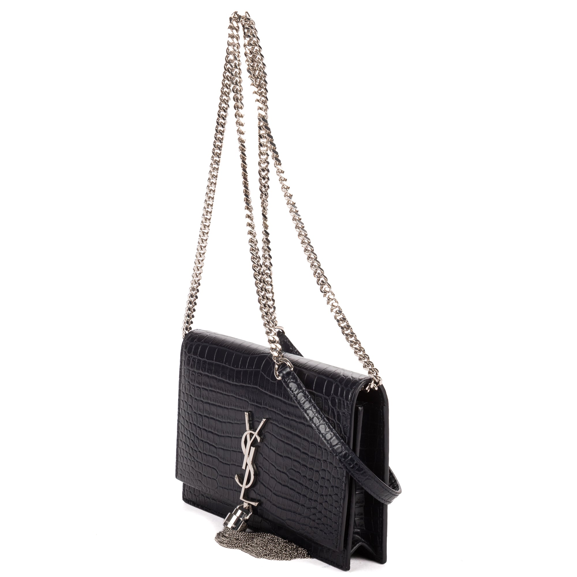 Shoulder Bag Tassel Kate Navy Crocodile Embossed Leather