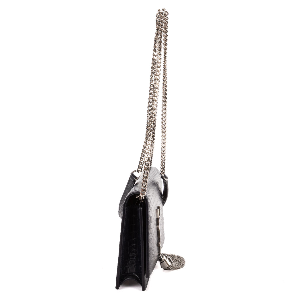 Shoulder Bag Tassel Kate Navy Crocodile Embossed Leather