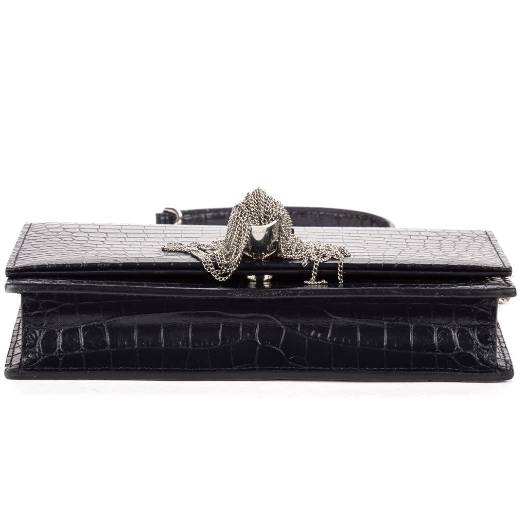 Shoulder Bag Tassel Kate Navy Crocodile Embossed Leather