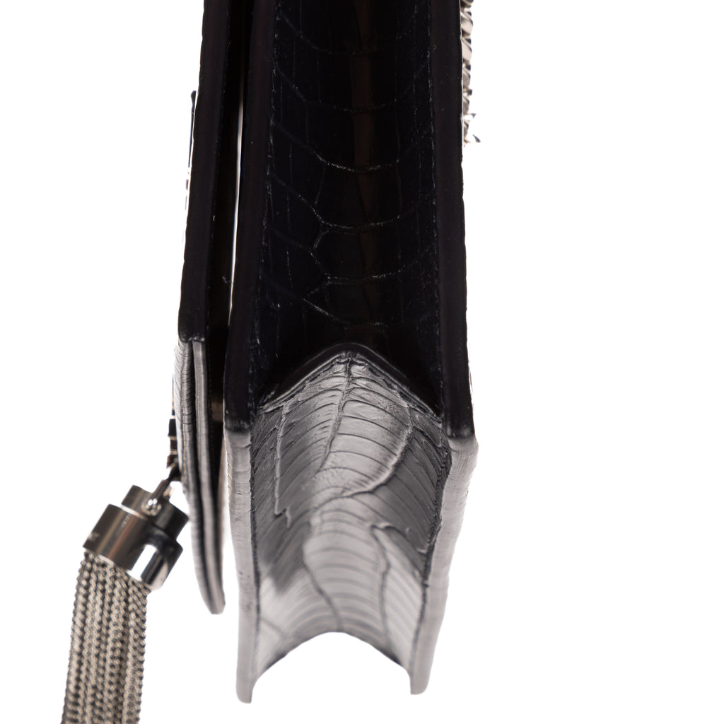 Shoulder Bag Tassel Kate Navy Crocodile Embossed Leather