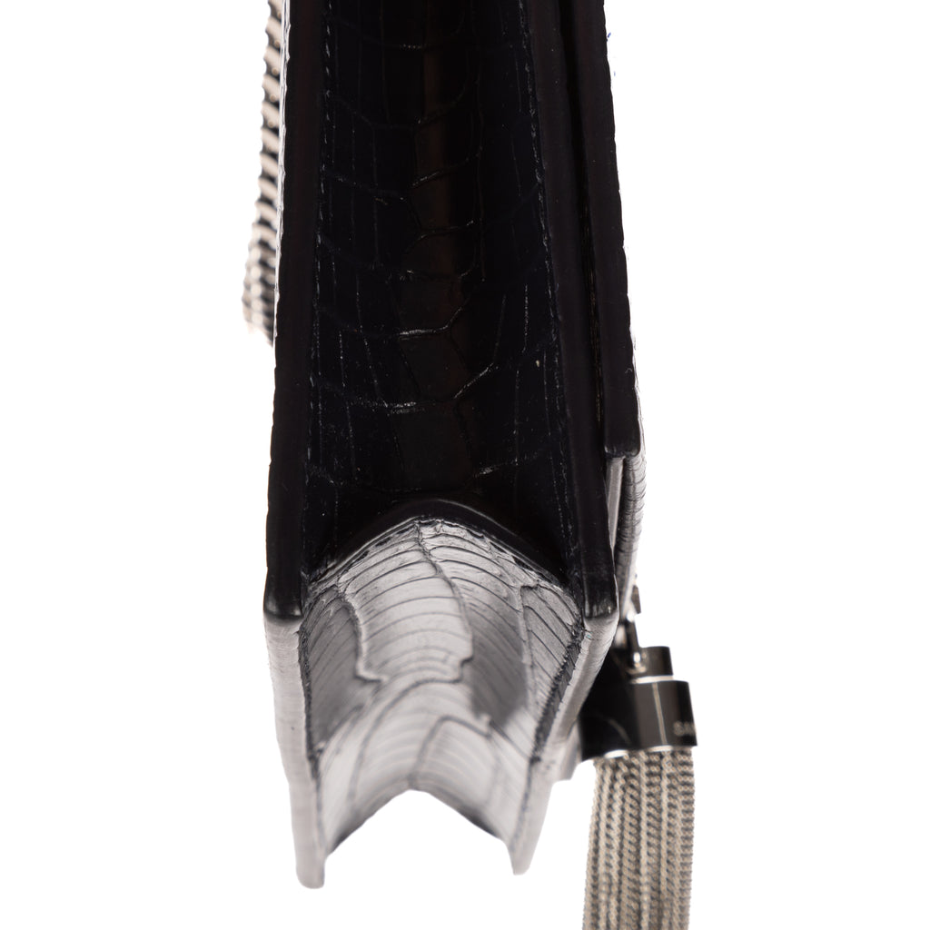 Shoulder Bag Tassel Kate Navy Crocodile Embossed Leather