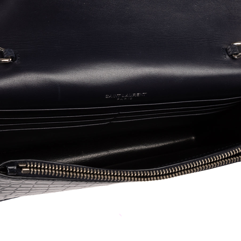 Shoulder Bag Tassel Kate Navy Crocodile Embossed Leather