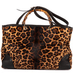 Shoulder Bag Bamboo Shopper Tote Brown Leopard Print Calf Hair