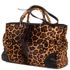 Shoulder Bag Bamboo Shopper Tote Brown Leopard Print Calf Hair
