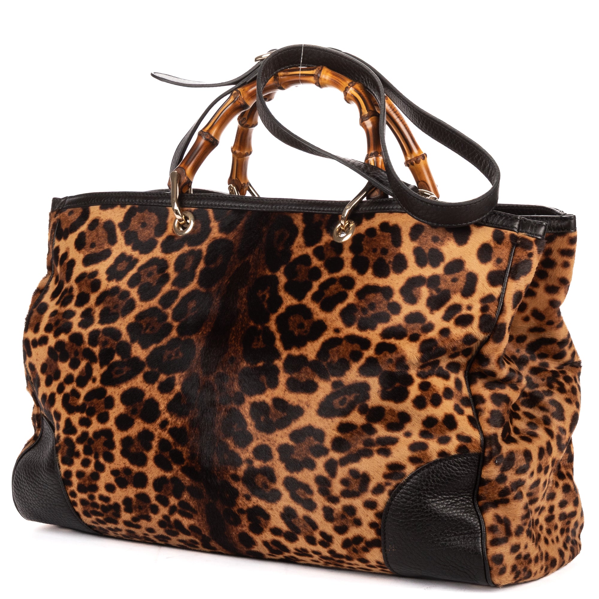 Shoulder Bag Bamboo Shopper Tote Brown Leopard Print Calf Hair