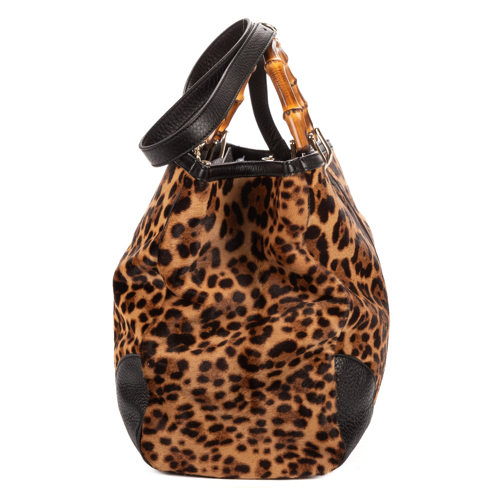 Shoulder Bag Bamboo Shopper Tote Brown Leopard Print Calf Hair