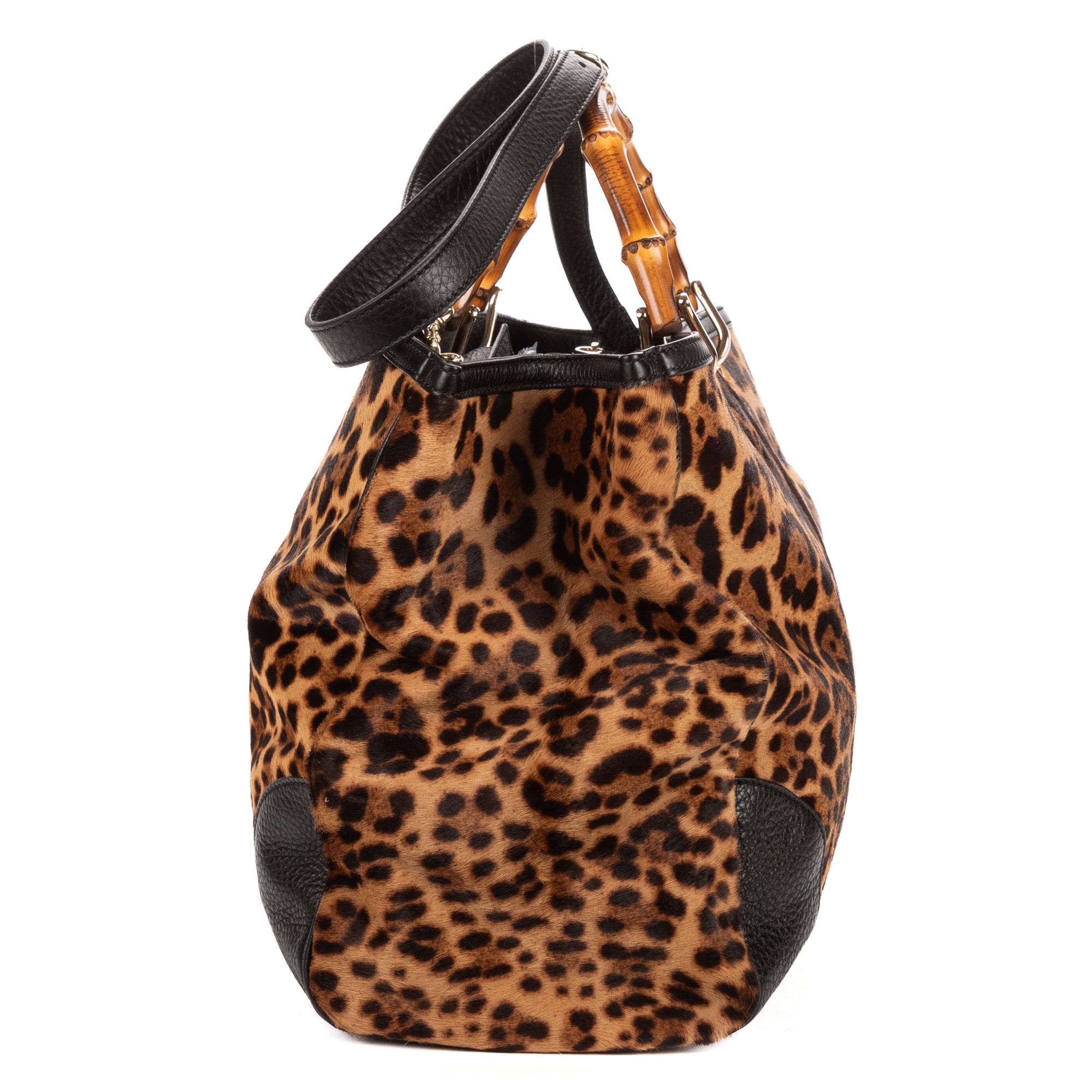 Shoulder Bag Bamboo Shopper Tote Brown Leopard Print Calf Hair