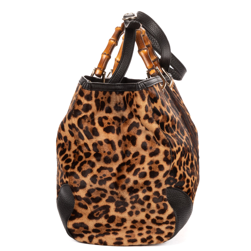Shoulder Bag Bamboo Shopper Tote Brown Leopard Print Calf Hair