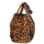 Shoulder Bag Bamboo Shopper Tote Brown Leopard Print Calf Hair