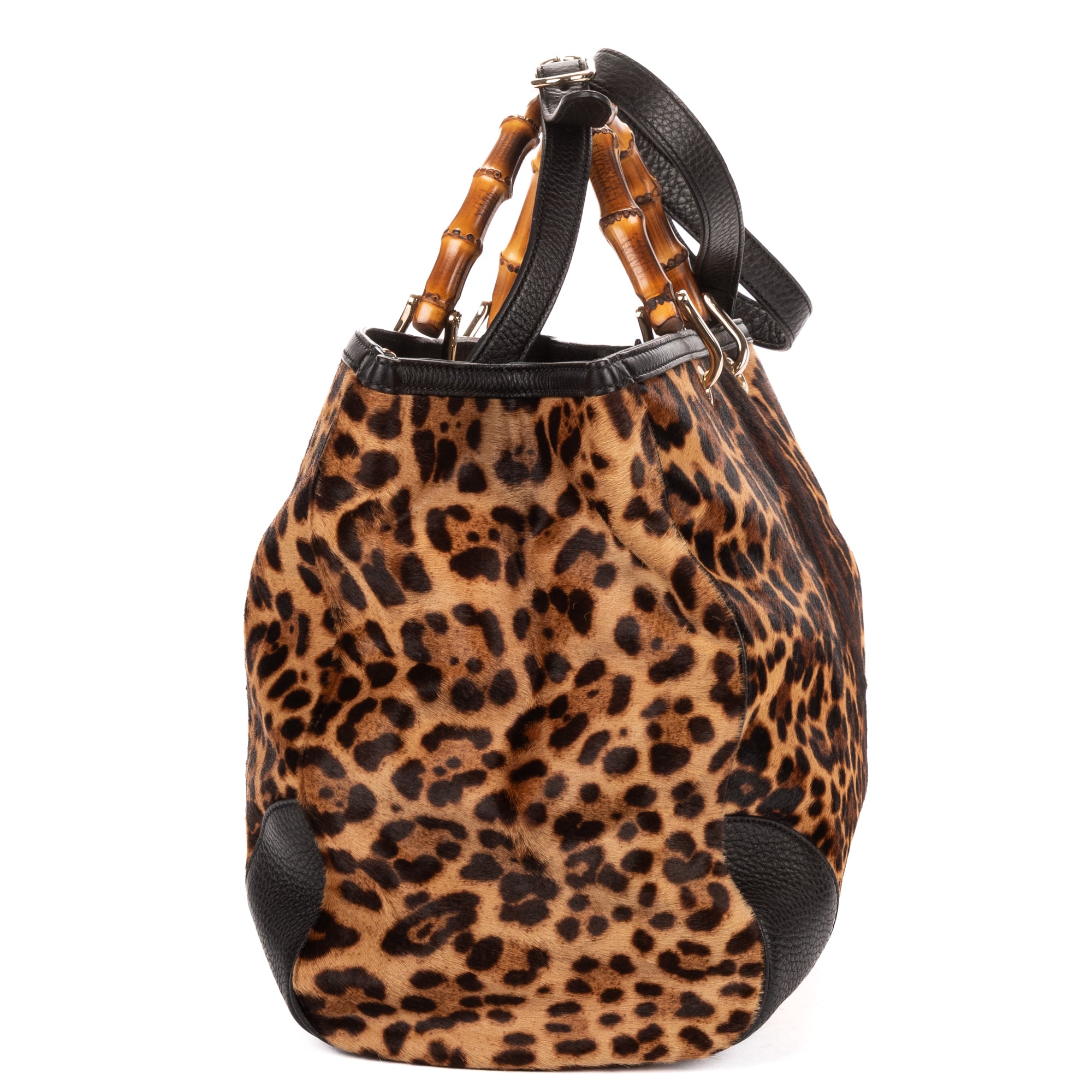 Shoulder Bag Bamboo Shopper Tote Brown Leopard Print Calf Hair