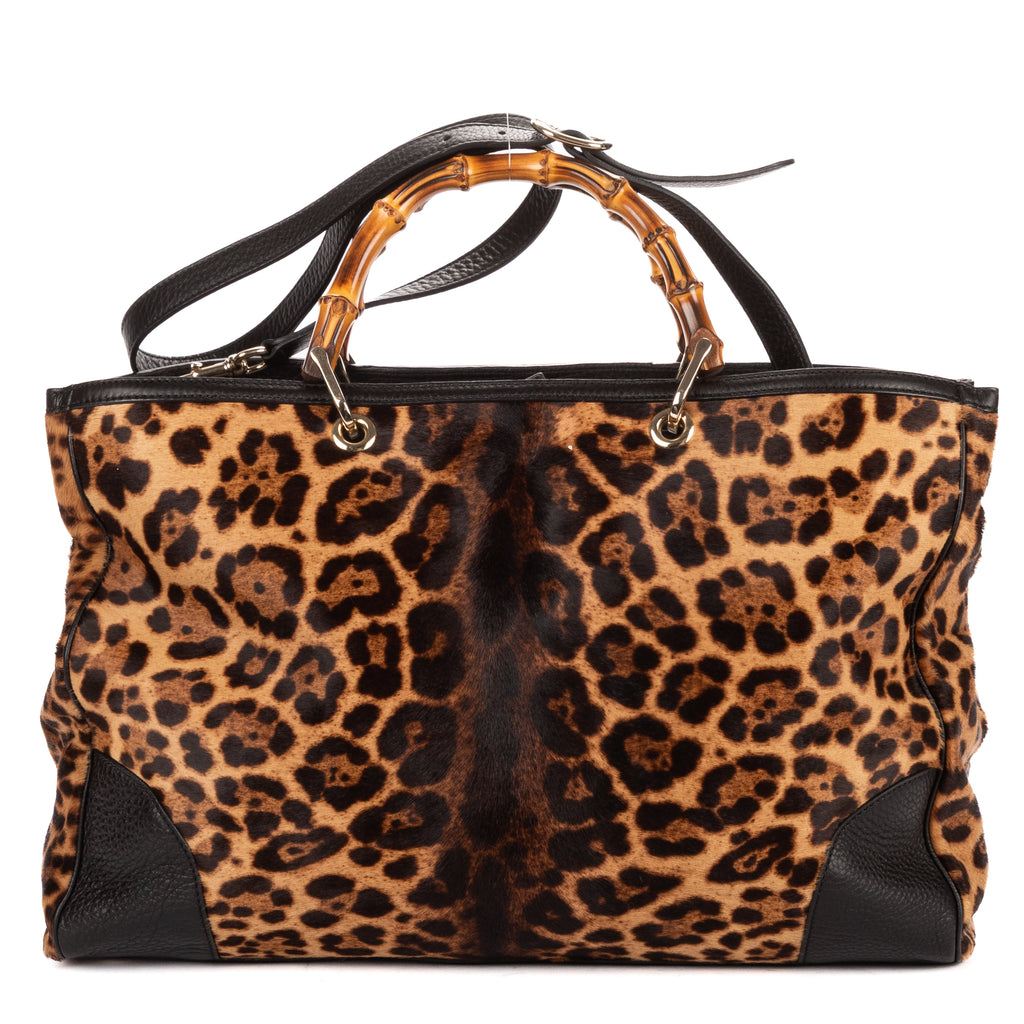 Shoulder Bag Bamboo Shopper Tote Brown Leopard Print Calf Hair