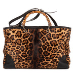 Shoulder Bag Bamboo Shopper Tote Brown Leopard Print Calf Hair