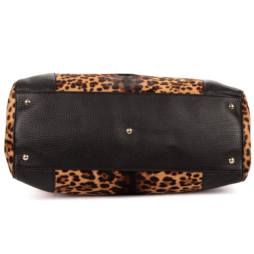 Shoulder Bag Bamboo Shopper Tote Brown Leopard Print Calf Hair