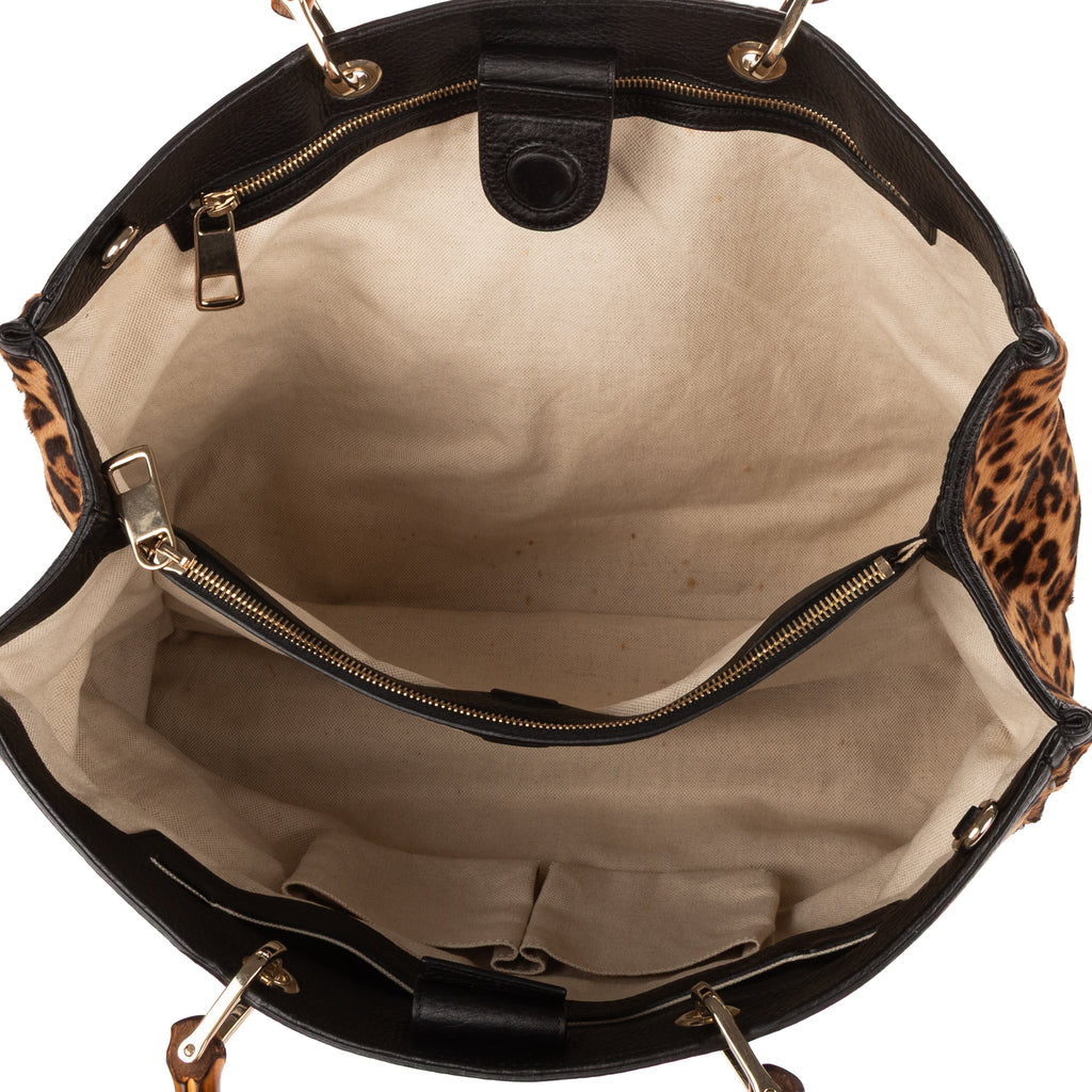 Shoulder Bag Bamboo Shopper Tote Brown Leopard Print Calf Hair