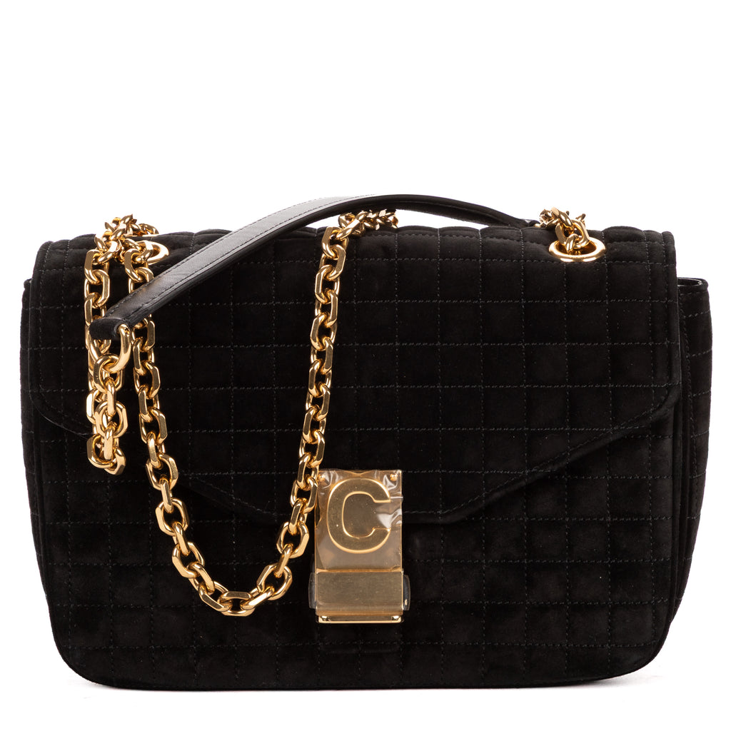 Shoulder Bag C Chain Flap Black Suede Leather