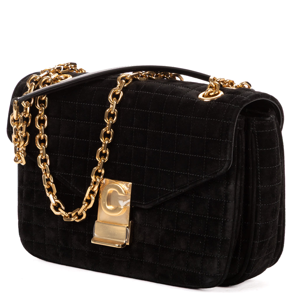 Shoulder Bag C Chain Flap Black Suede Leather