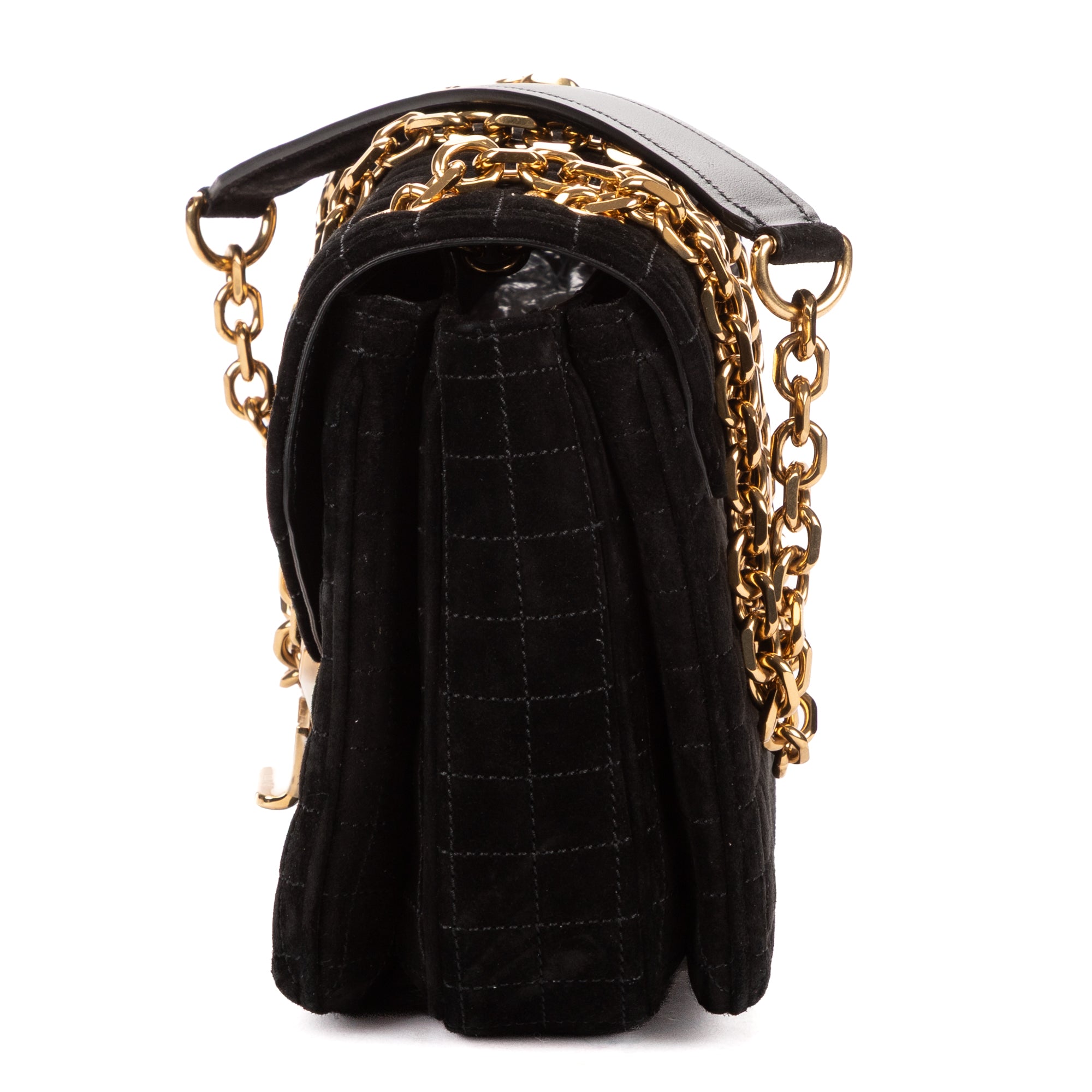 Shoulder Bag C Chain Flap Black Suede Leather