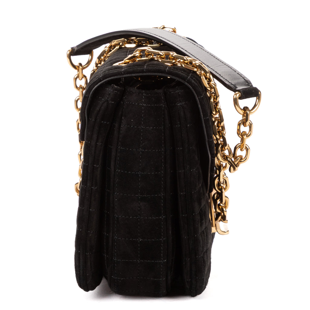 Shoulder Bag C Chain Flap Black Suede Leather