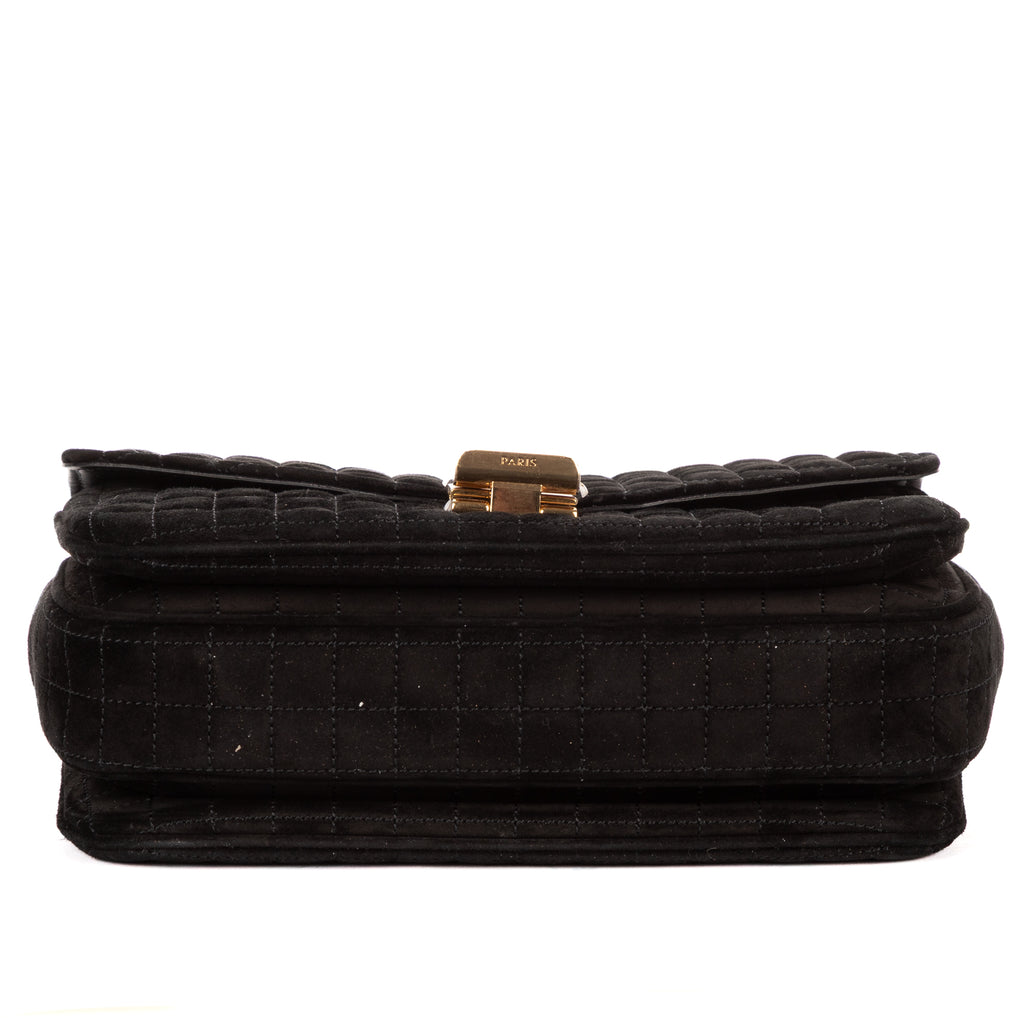 Shoulder Bag C Chain Flap Black Suede Leather