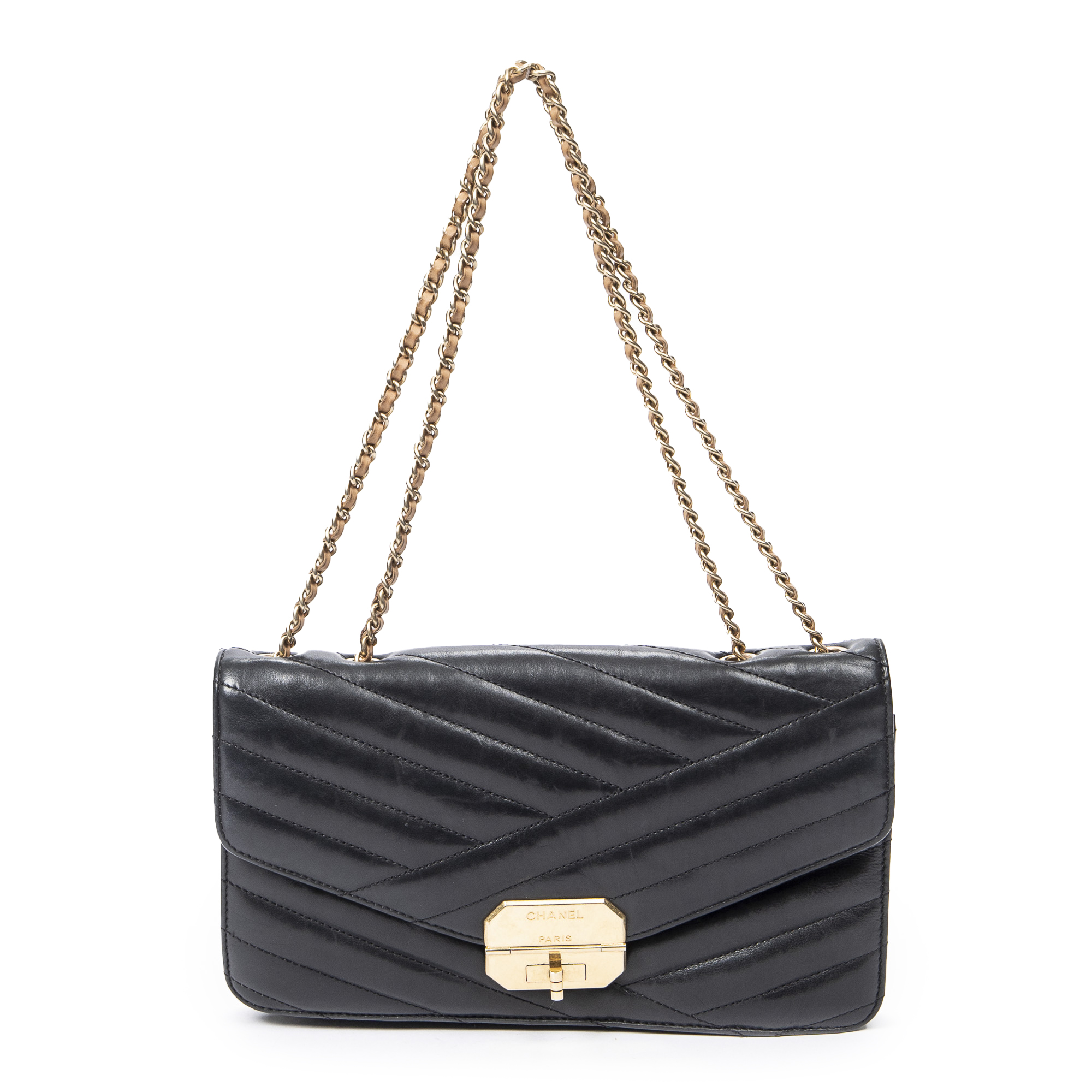 CHANEL Full Flap Chain Shoulder Bag Clutch Black Quilted Lambskin