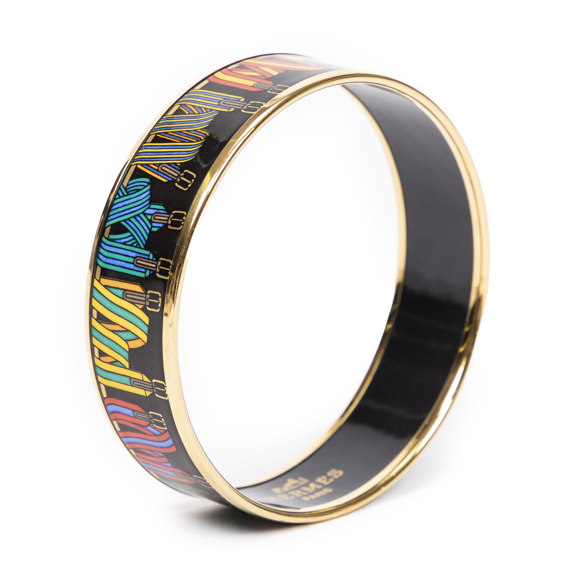 Herm s Enamel Bangle MM en Noir Rouge Vert Motif de ceinture