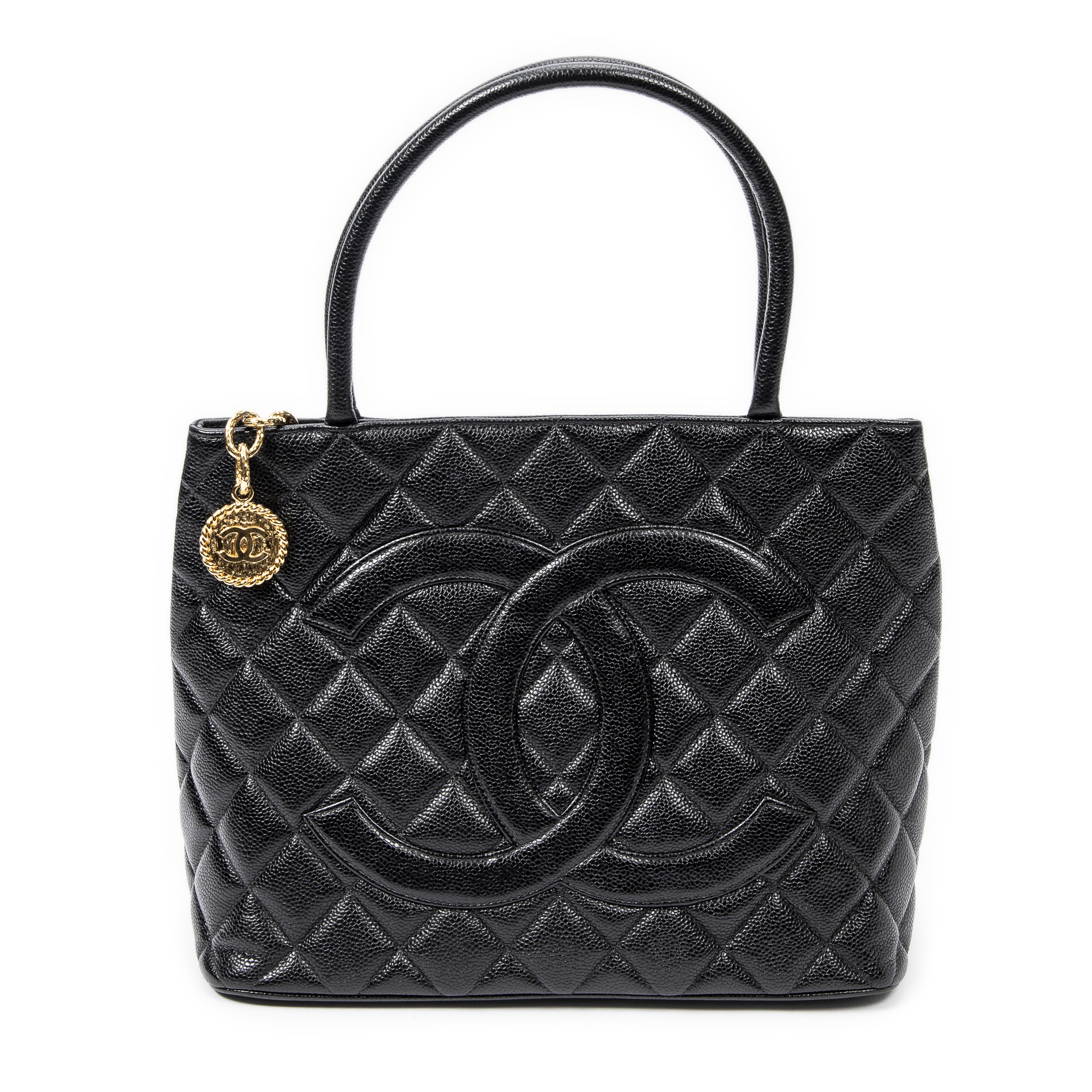 CHANEL Black Quilted Caviar Leather Medallion Tote Bag