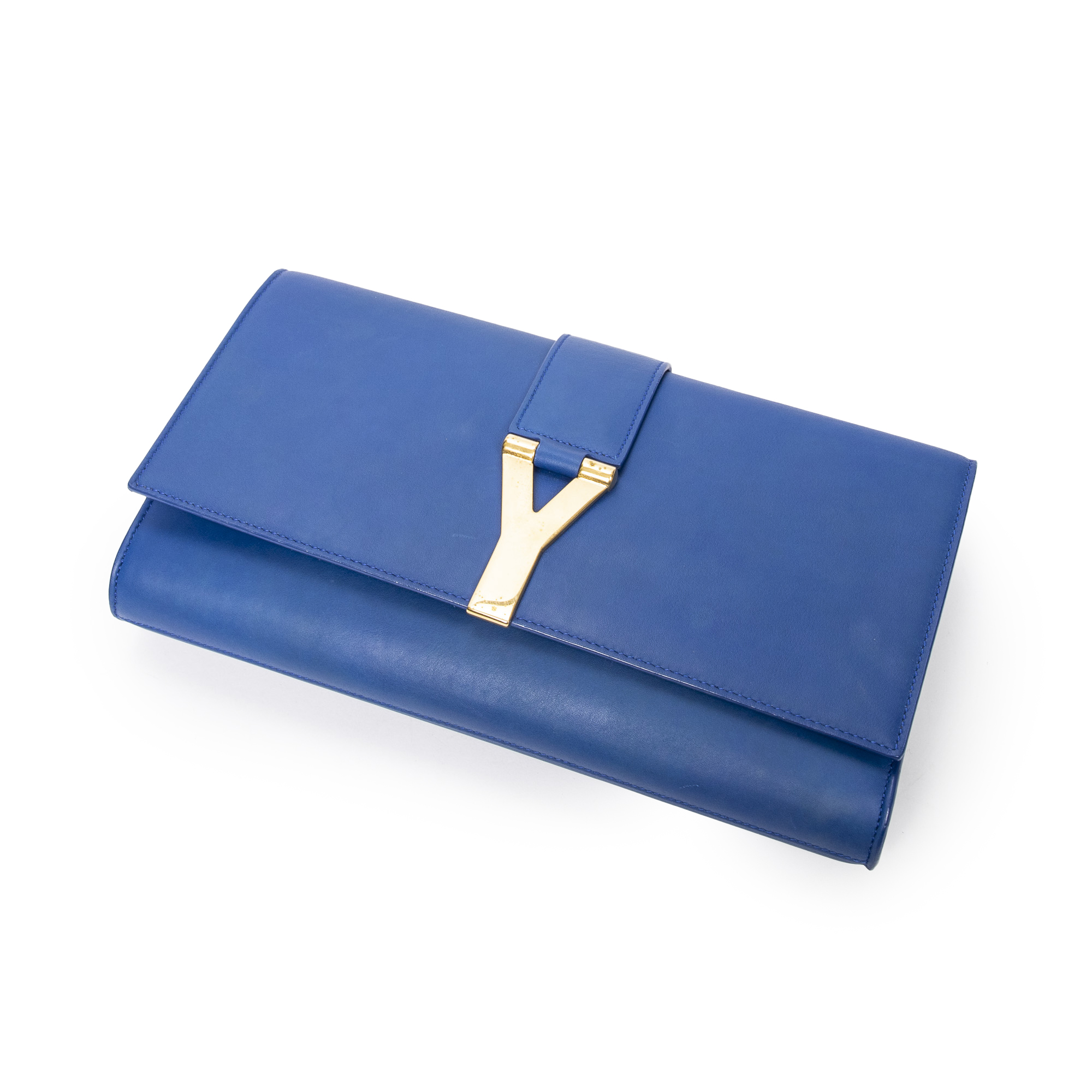 Yves Saint Laurent Sac Ligne Y Clutch en Bleu Royal Cuir Lisse BrandCo Paris